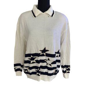 Vintage St. John Stars and Stripes Collared Cream and Blue Sweater - Size Large